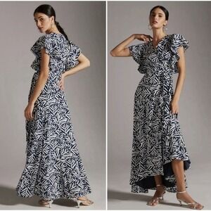 Hutch Anthropologie Blue & White Leaf Print Flutter Sleeve Wrap Maxi Dress - S